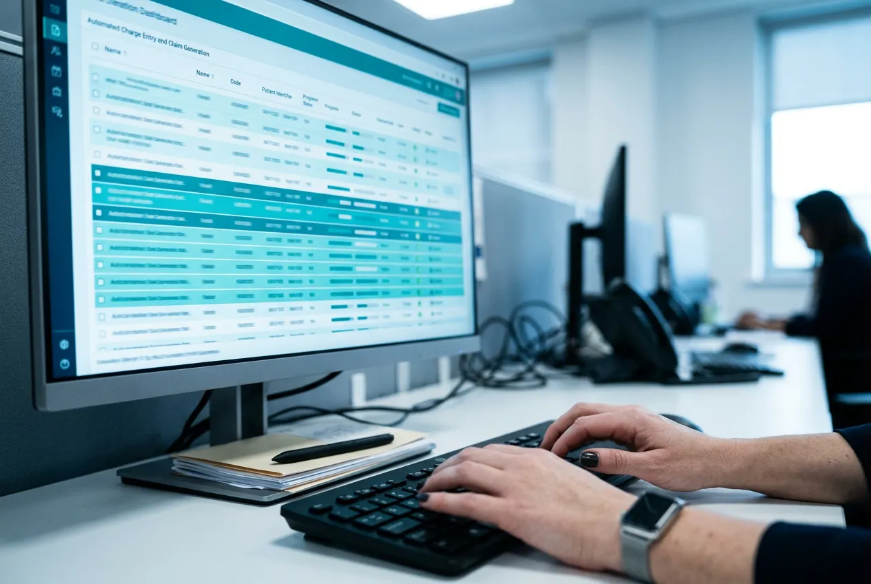 Product style dashboard mock of the claims pipeline view with tabs for scrubbed, submitted, and flagged for review claims — the system our billers run